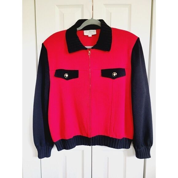 St. John Marie Gray L Red Knit Zip Up Cardigan Red Black Blazer Jacket *2 Holes* - Picture 1 of 10